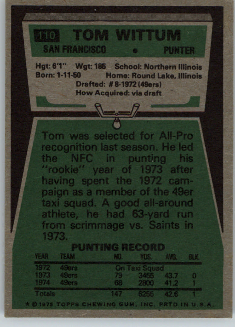 1975 Topps #110 Tom Wittum RC back image
