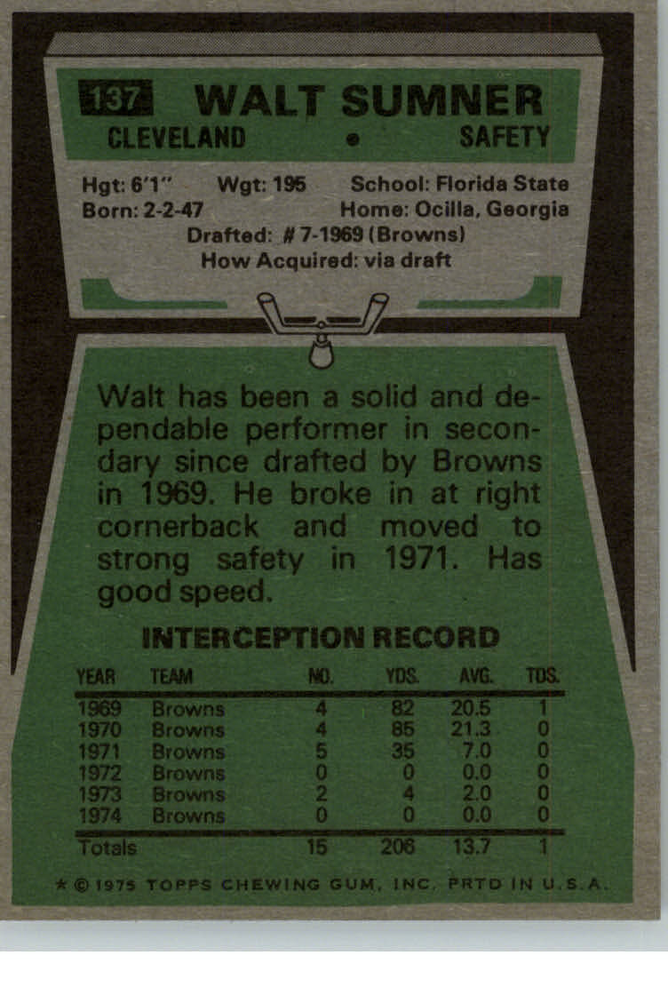 1975 Topps #137 Walt Sumner back image