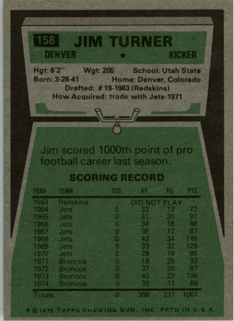 1975 Topps #158 Jim Turner back image