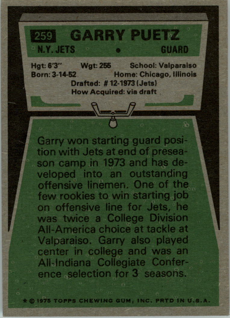1975 Topps #259 Garry Puetz RC back image