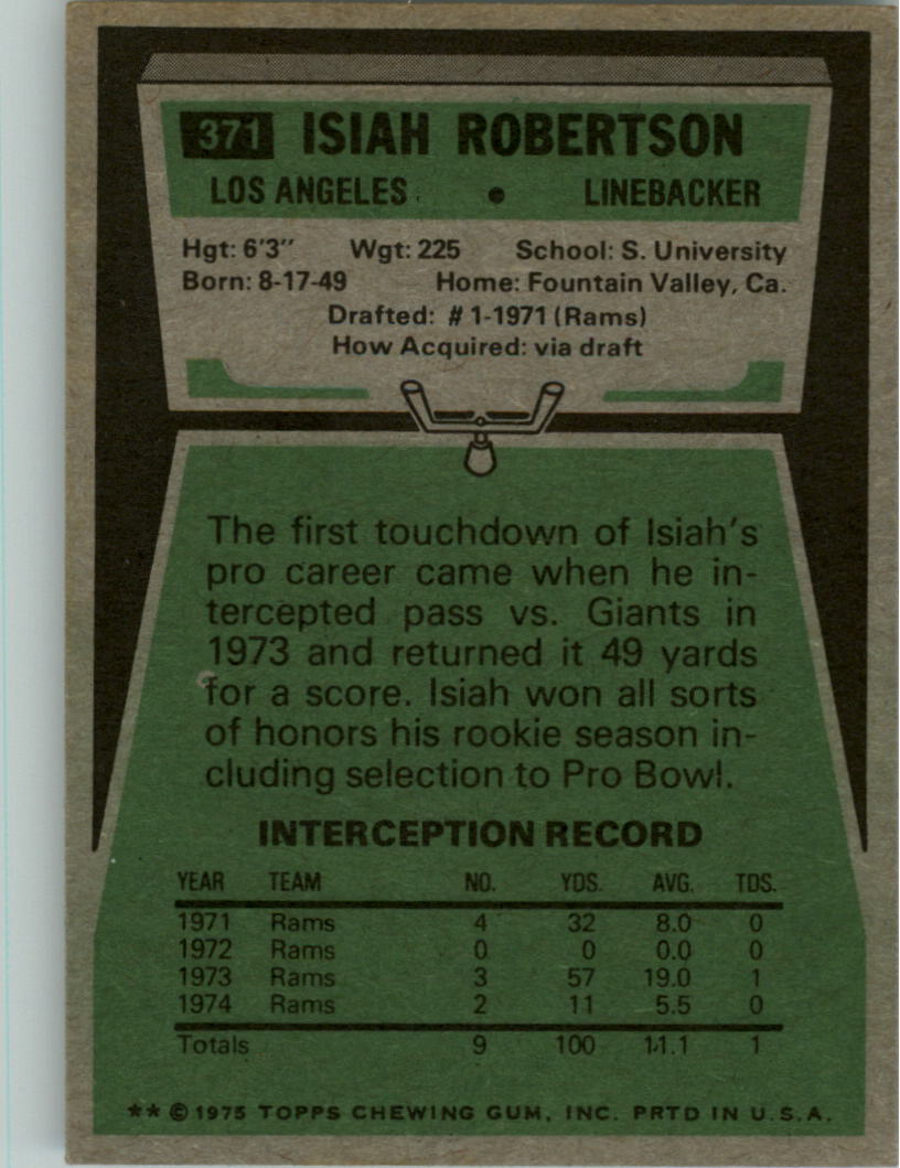 1975 Topps #371 Isiah Robertson back image