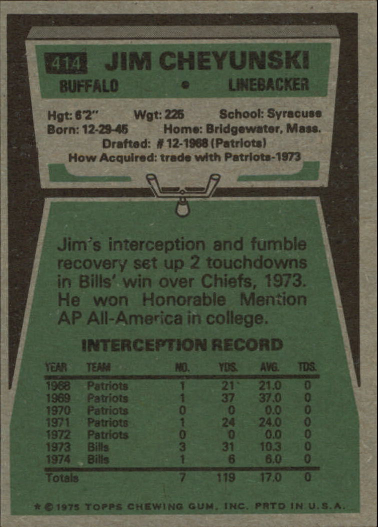 1975 Topps #414 Jim Cheyunski back image