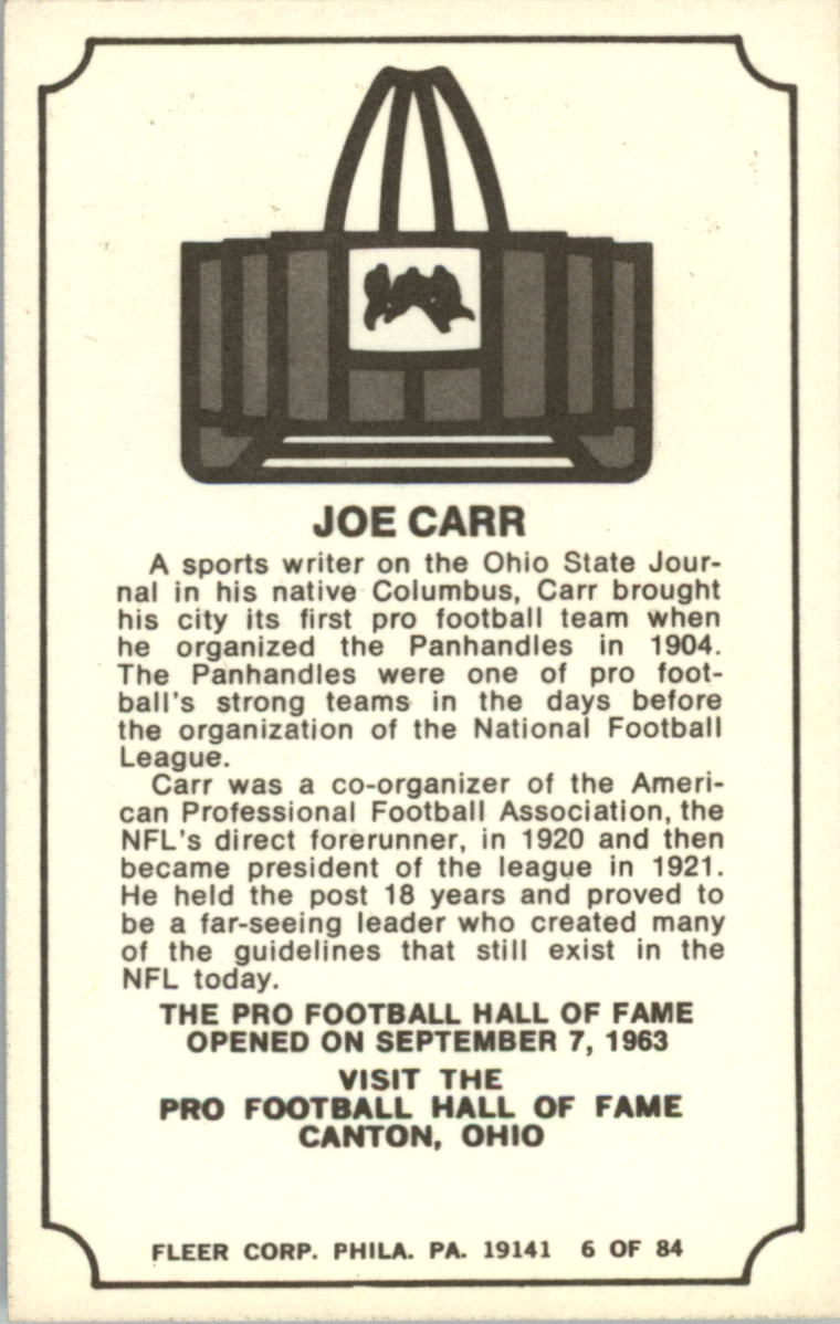 1975 Fleer Hall of Fame #6 Joe Carr PRES back image