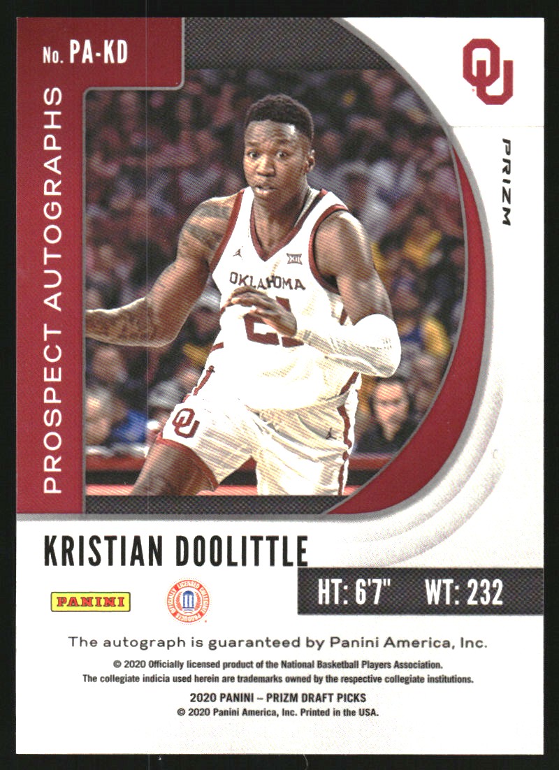 2020-21 Panini Prizm Draft Picks Prospect Autographs Choice Red #75 Kristian Doolittle back image