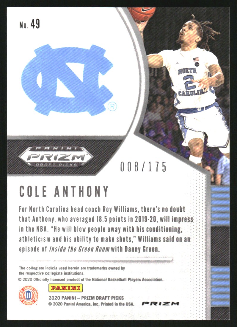2020-21 Panini Prizm Draft Picks Prizms Fast Break Blue #49 Cole Anthony