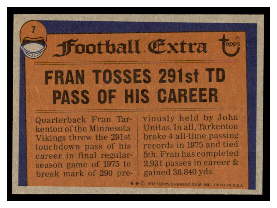 1976 Topps #7 Fran Tarkenton RB/Most Attempts; Season back image