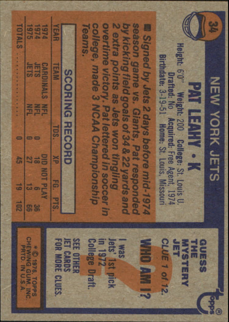1976 Topps #34 Pat Leahy RC back image