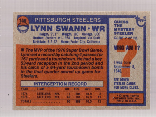 1976 Topps #140 Lynn Swann AP back image