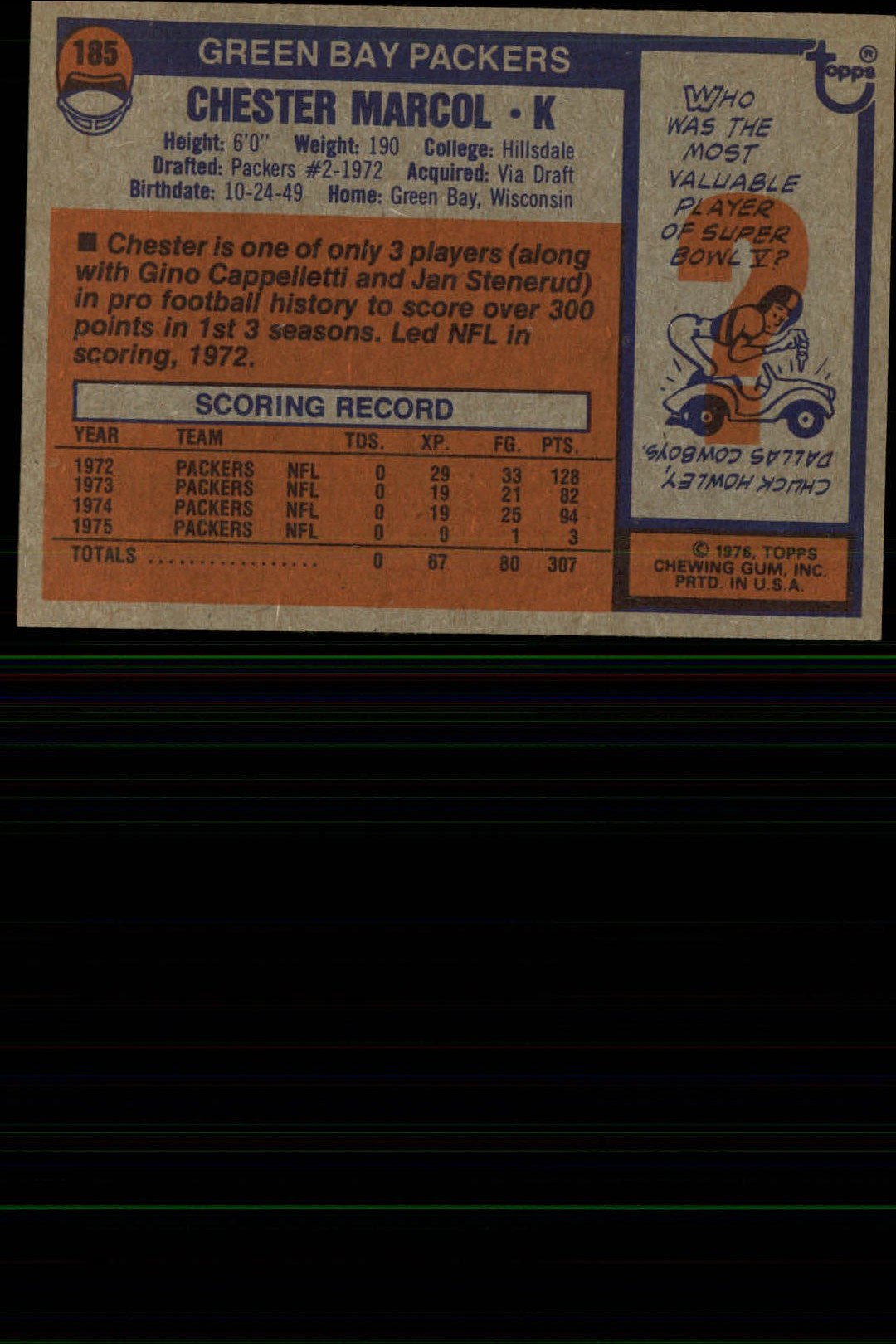 1976 Topps #185 Chester Marcol back image