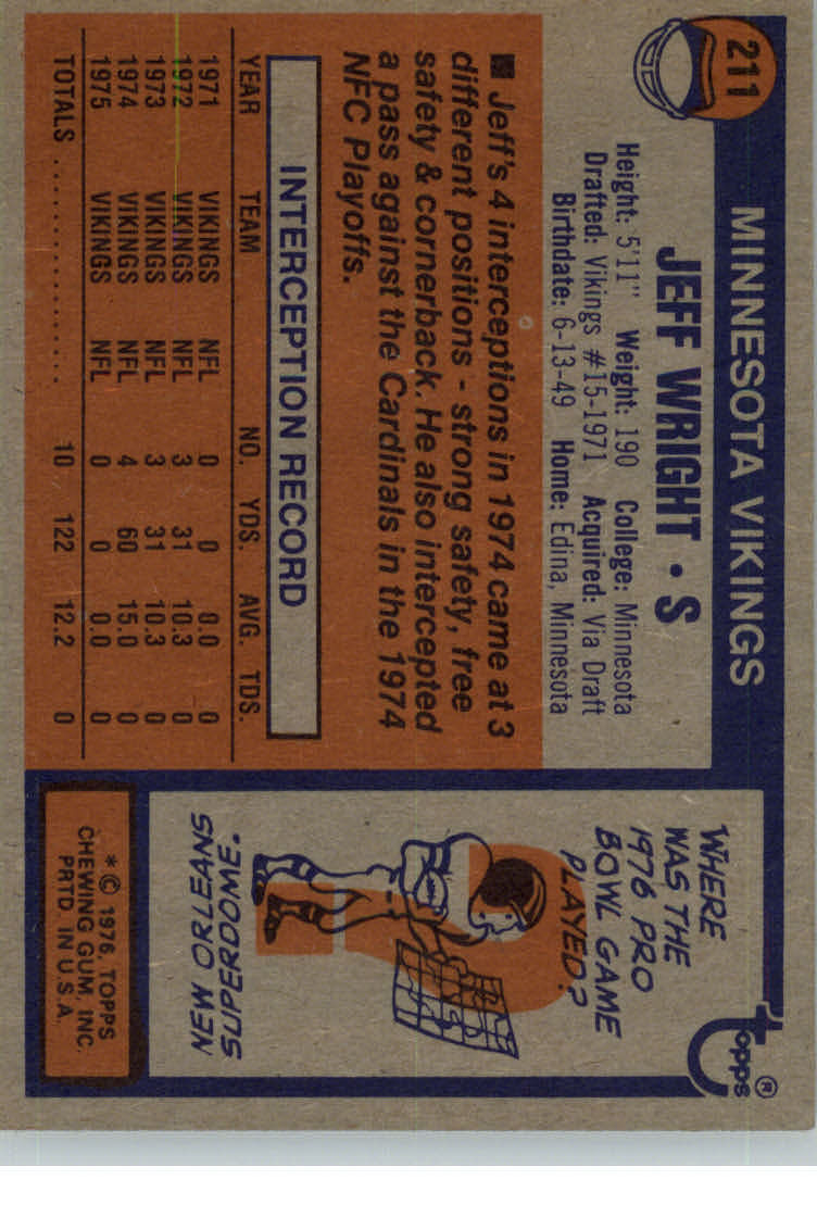 1976 Topps #211 Jeff Wright S RC back image