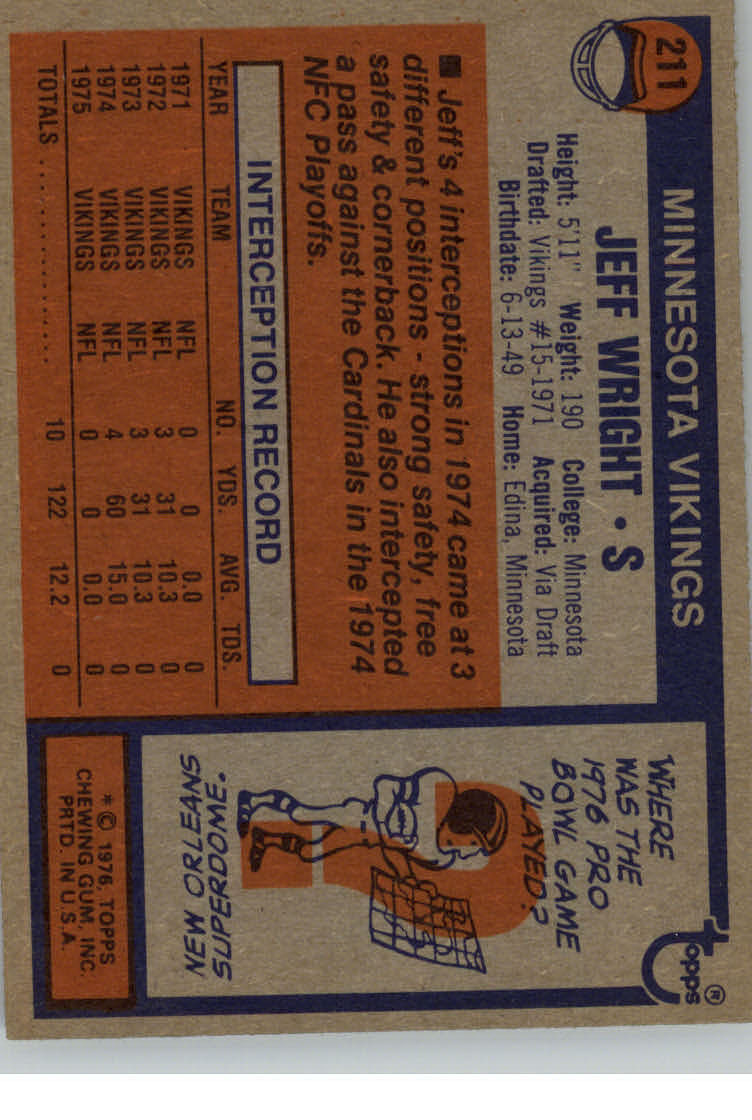 1976 Topps #211 Jeff Wright S RC back image