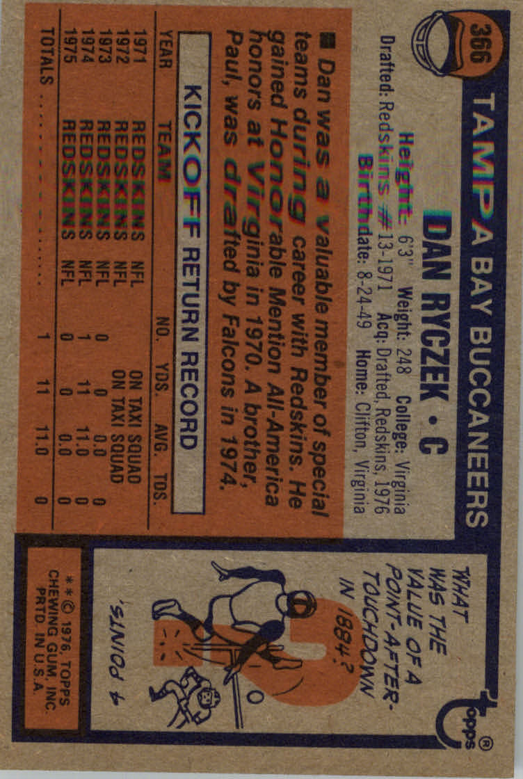 1976 Topps #366 Dan Ryczek RC back image