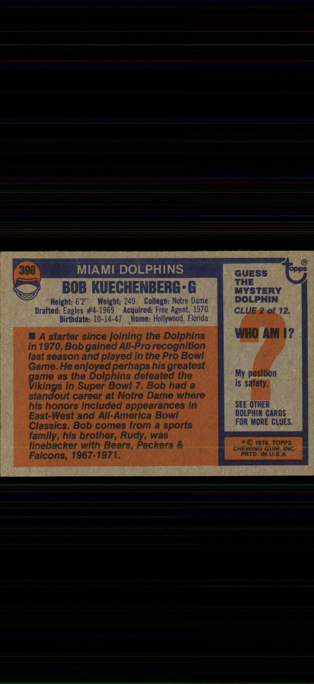 1976 Topps #390 Bob Kuechenberg back image