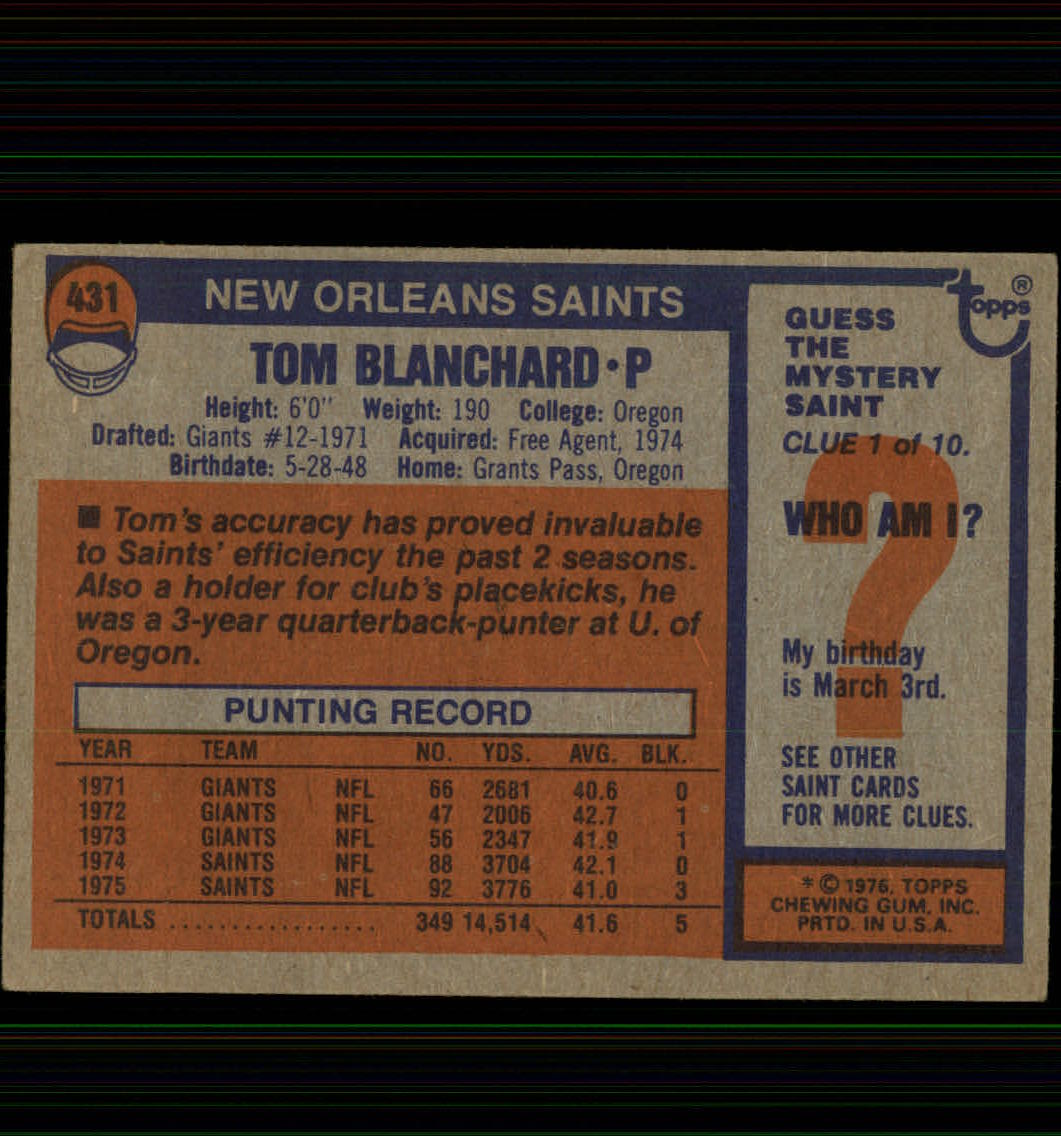 1976 Topps #431 Tom Blanchard back image