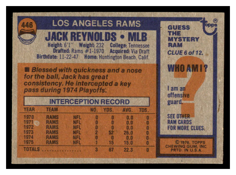 1976 Topps #446 Jack Reynolds back image