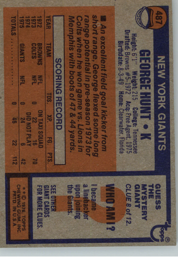 1976 Topps #487 George Hunt back image