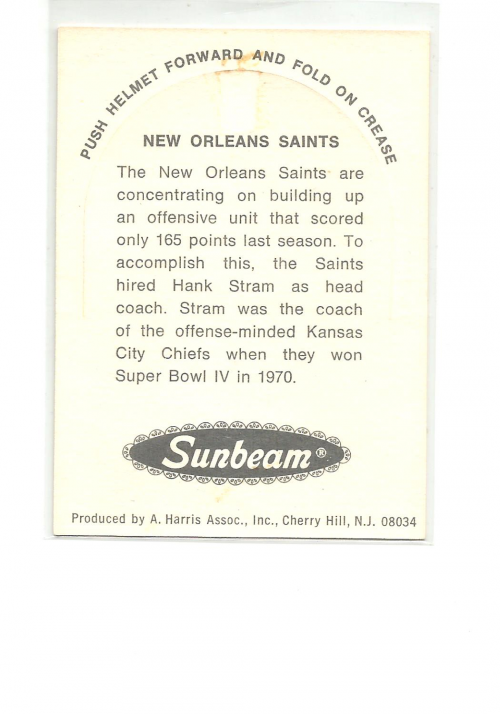 1976 Sunbeam NFL Die Cuts #17 New Orleans Saints back image