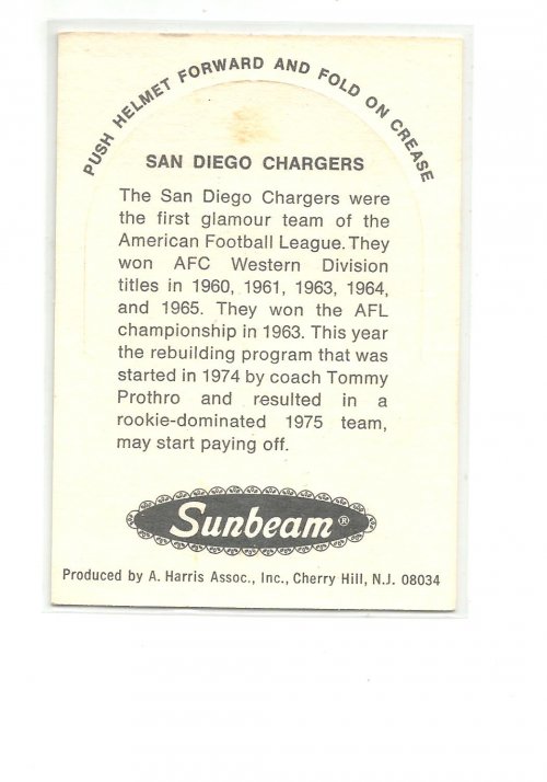 1976 Sunbeam NFL Die Cuts #24 San Diego Chargers back image