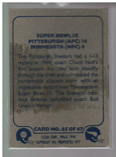 1977 Fleer Team Action #65 Super Bowl IX back image