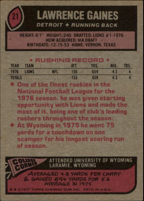 1977 Topps #21 Lawrence Gaines RC back image