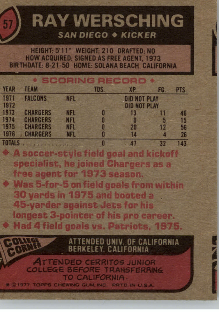 1977 Topps #57 Ray Wersching back image