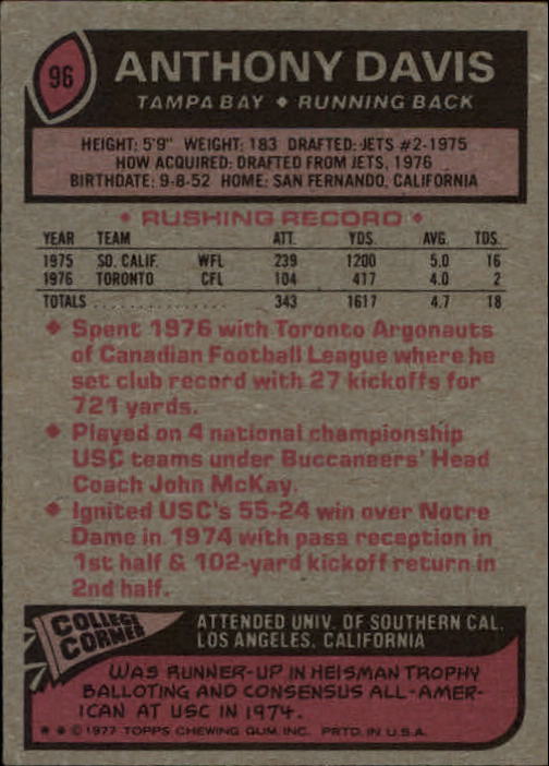 1977 Topps #96 Anthony Davis RC back image