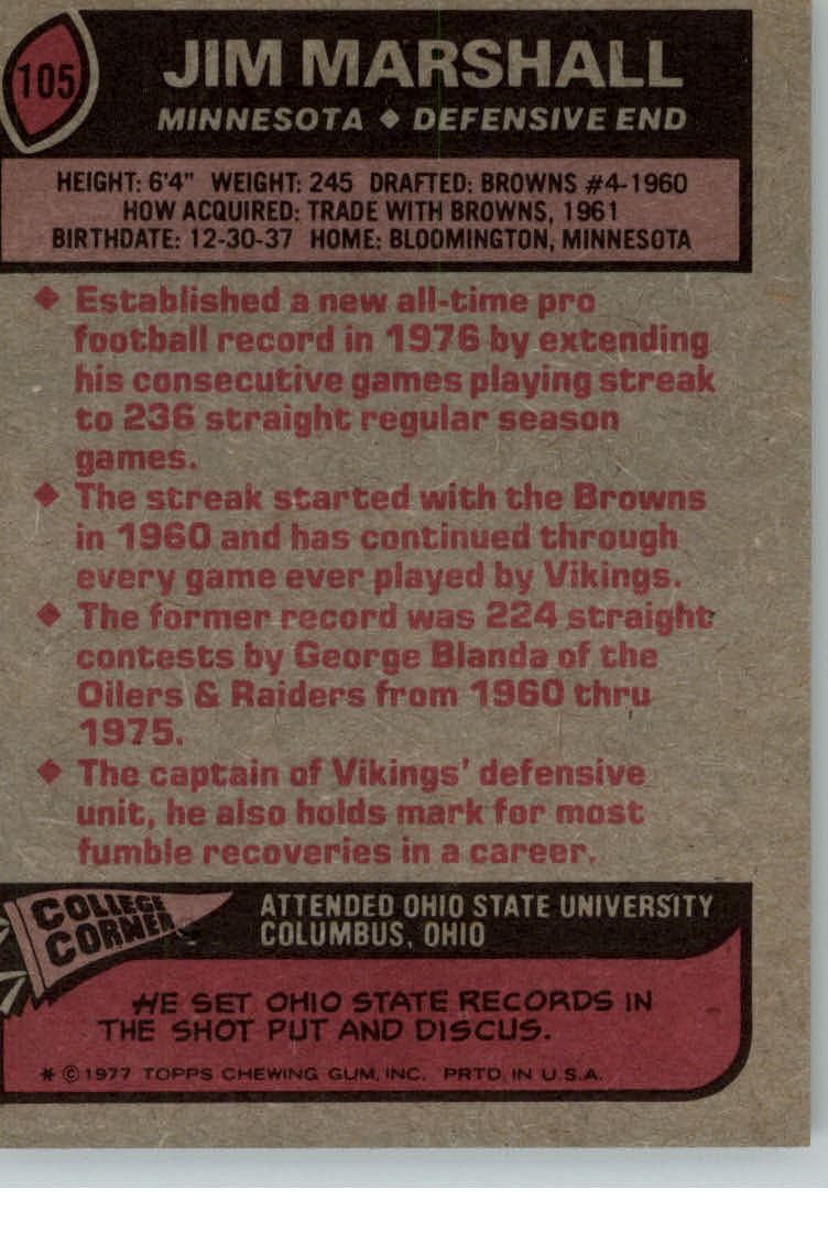 1977 Topps #105 Jim Marshall back image
