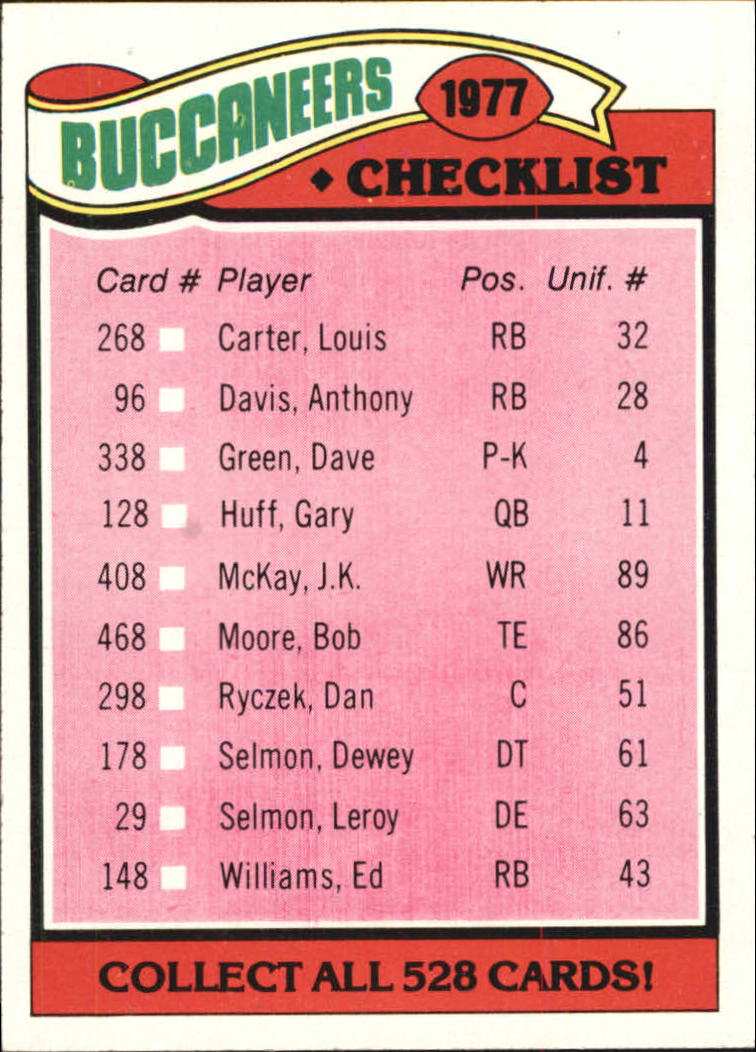 1977 Topps #227 Tampa Bay Buccaneers/Team Checklist UER/(Lee Roy Selmon mis-/spelled as Leroy)
