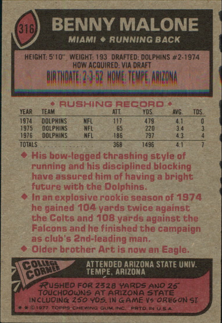 1977 Topps #316 Benny Malone RC back image