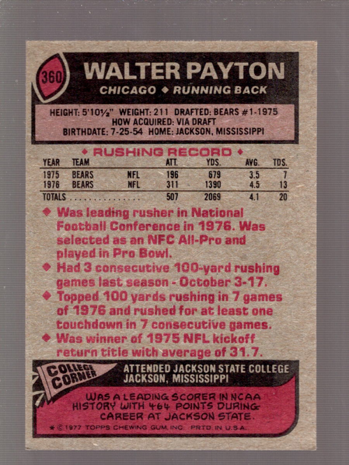 1977 Topps #360 Walter Payton AP back image