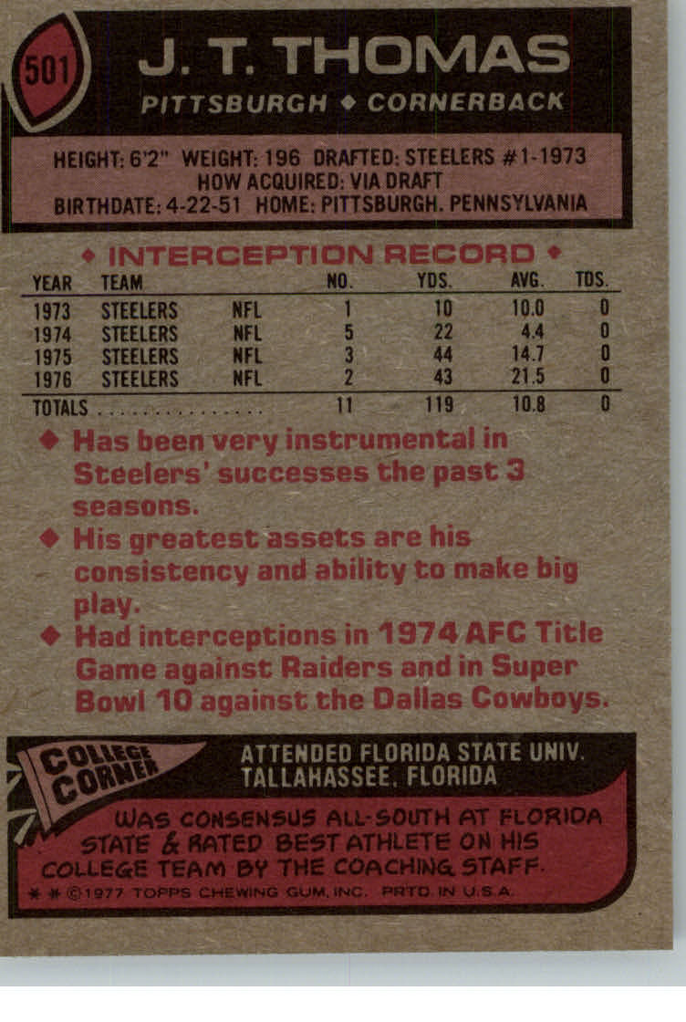 1977 Topps #501 J.T. Thomas back image