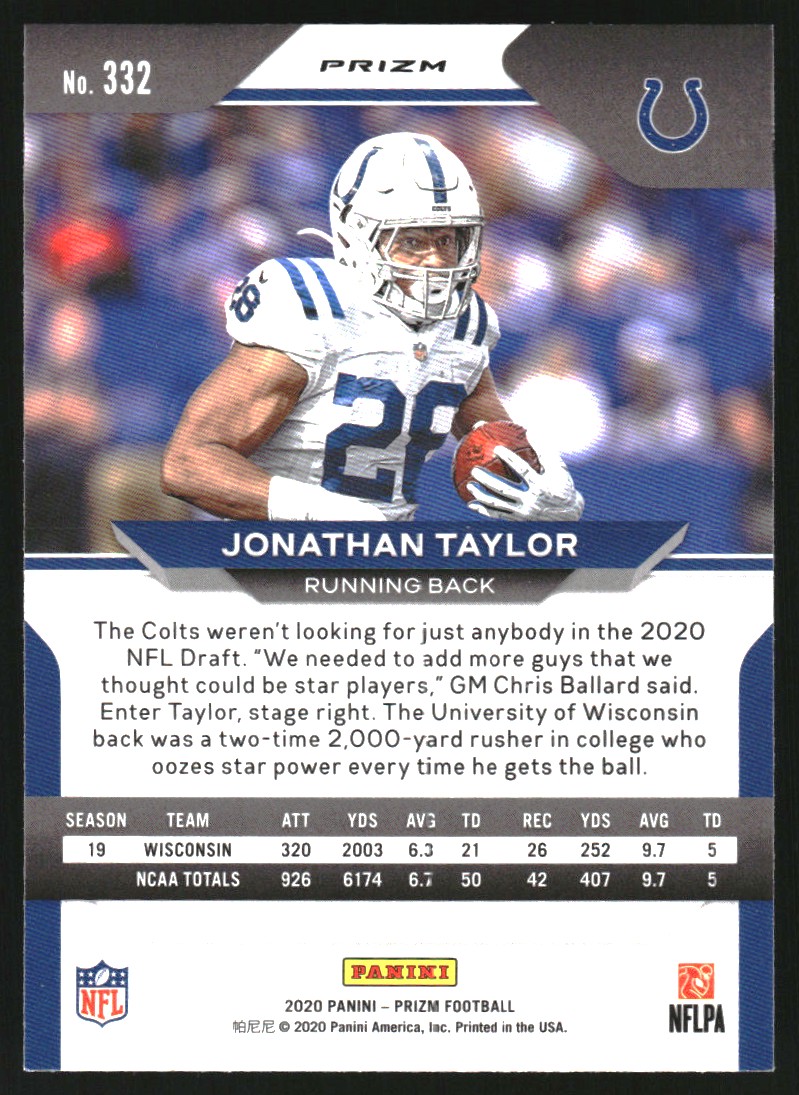 2020 Panini Prizm Prizms Orange Lazer #332 Jonathan Taylor