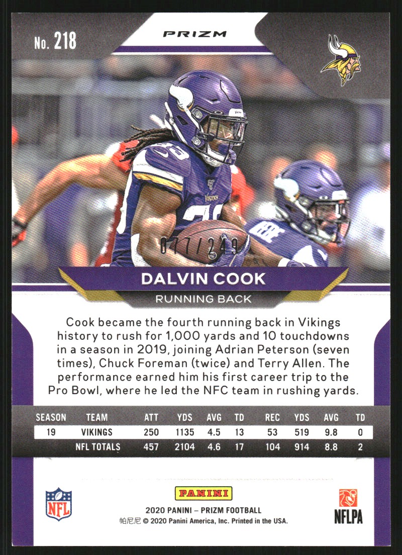 2020 Panini Prizm Prizms Orange #218 Dalvin Cook