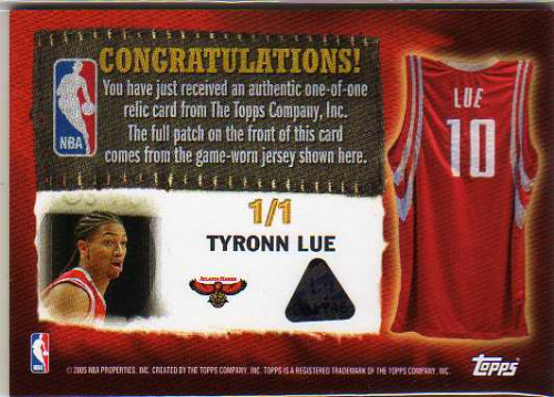 2005-06 Topps Big Game Selective Swatch #TL Tyronn Lue Letterman O Game-Worn Jersey Patch Card Serial #1/1 - One of One back image