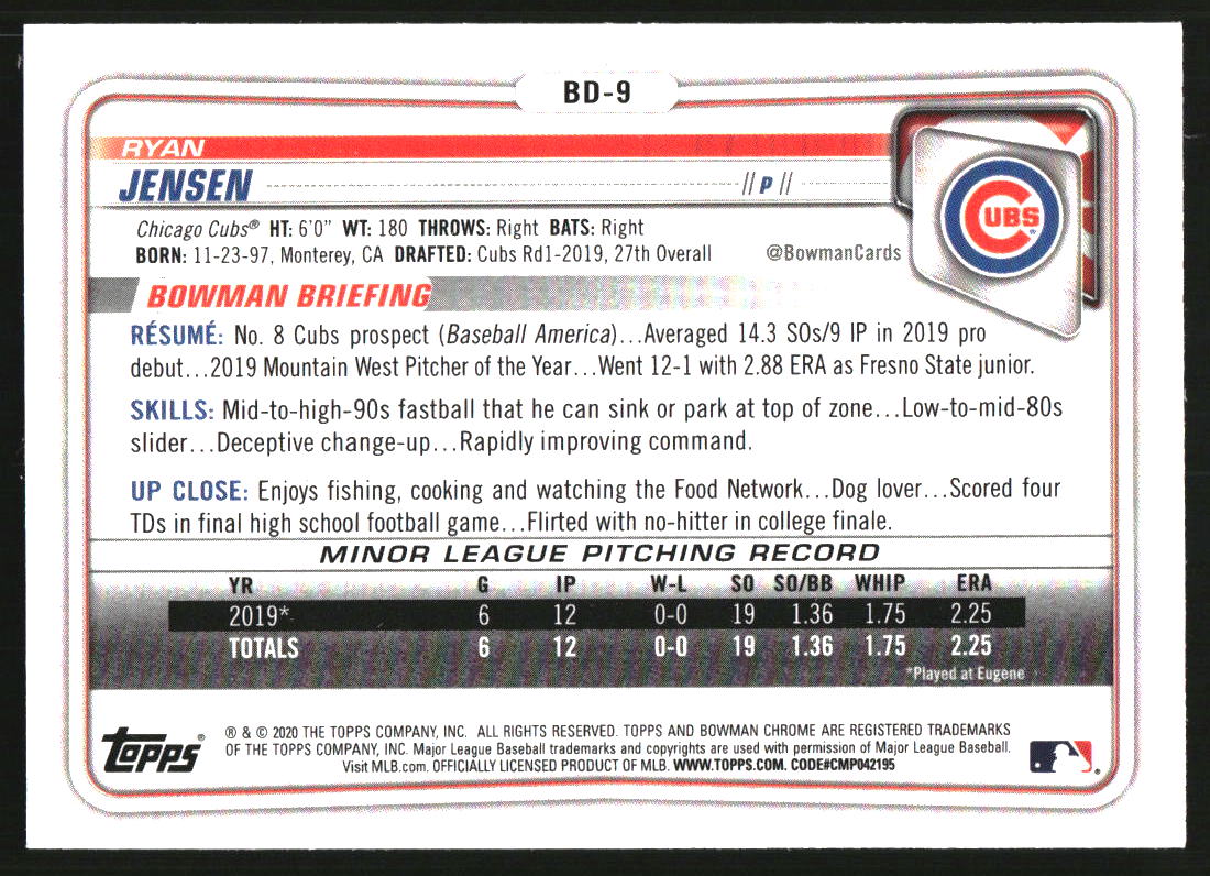 2020 Bowman Chrome Draft Sparkle Refractors #BD9 Ryan Jensen