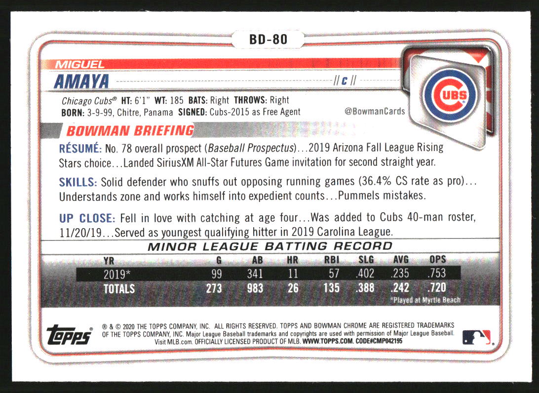 2020 Bowman Chrome Draft Sparkle Refractors #BD80 Miguel Amaya