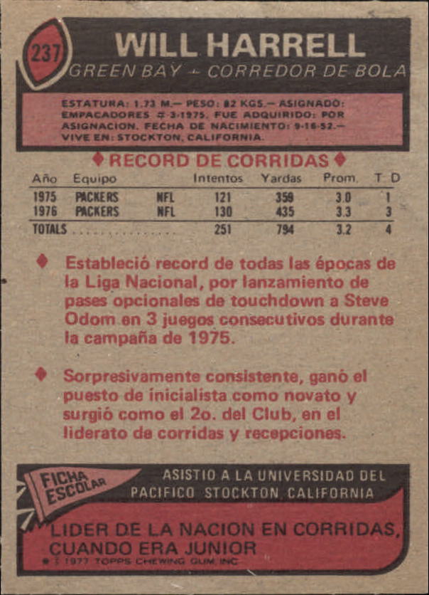 1977 Topps Mexican #237 Will Harrell SP back image