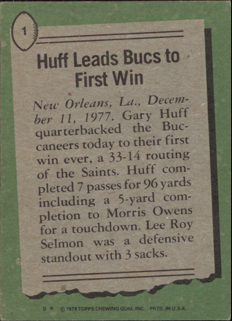 1978 Topps #1 Gary Huff HL/Huff Leads Bucs/to First Win back image