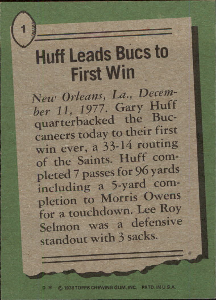 1978 Topps #1 Gary Huff HL/Huff Leads Bucs/to First Win back image