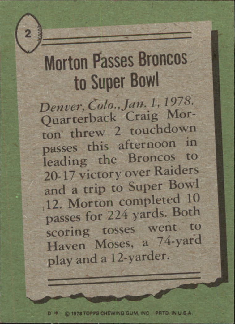 1978 Topps #2 Craig Morton HL/Morton Passes Broncos/to Super Bowl back image