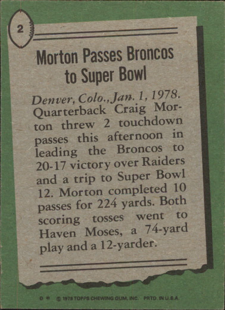 1978 Topps #2 Craig Morton HL/Morton Passes Broncos/to Super Bowl back image