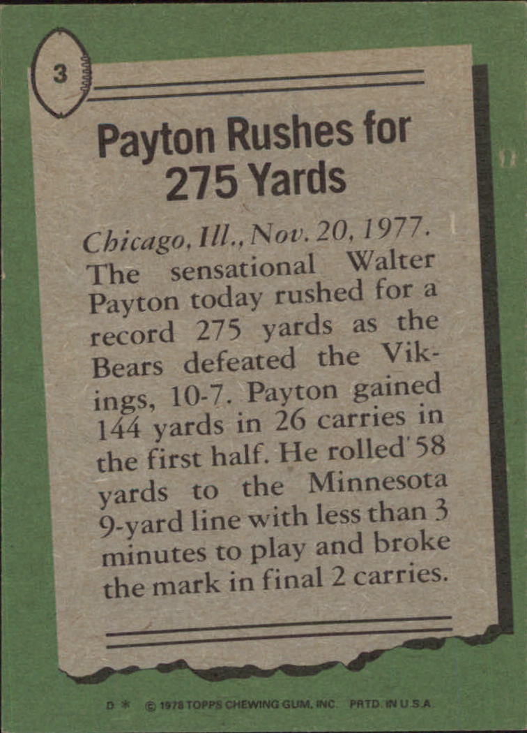 1978 Topps #3 Walter Payton HL/Rushes for 275 Yards back image