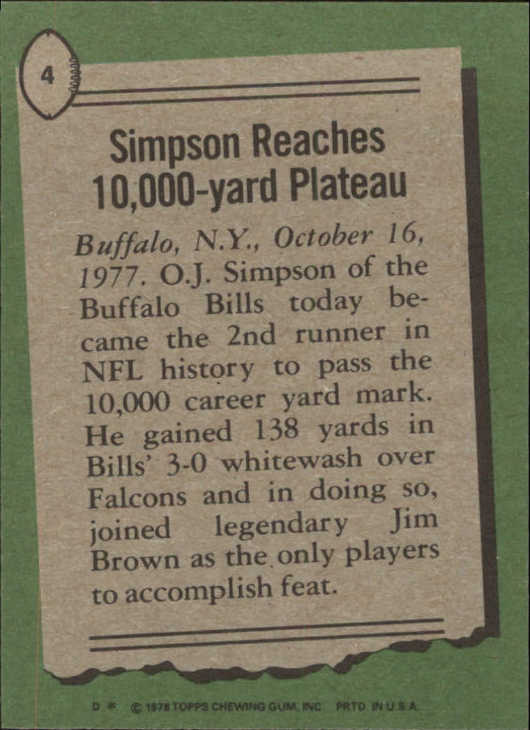 1978 Topps #4 O.J. Simpson HL/Reaches 10,000 Yards back image