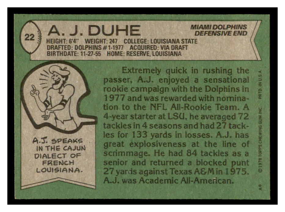 1978 Topps #22 A.J. Duhe RC back image