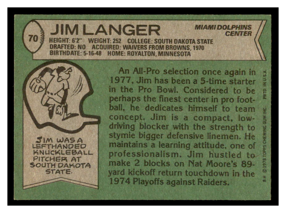 1978 Topps #70 Jim Langer AP back image