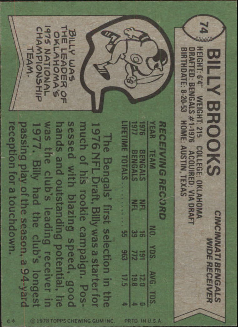 1978 Topps #74 Billy Brooks RC back image