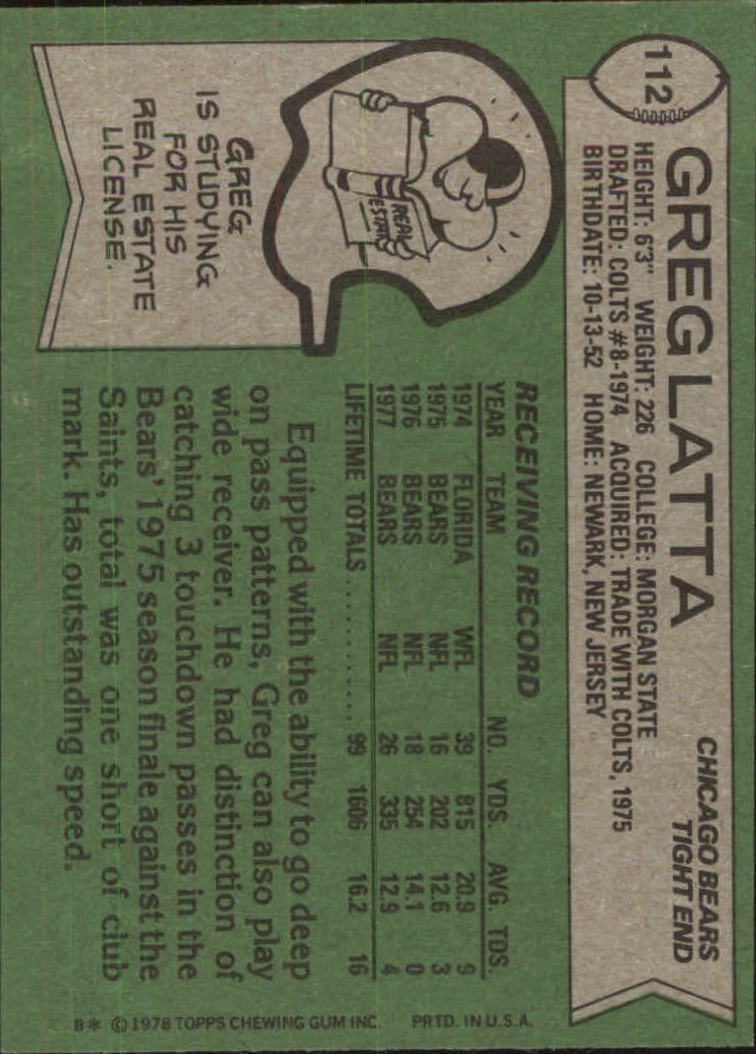 1978 Topps #112 Greg Latta back image