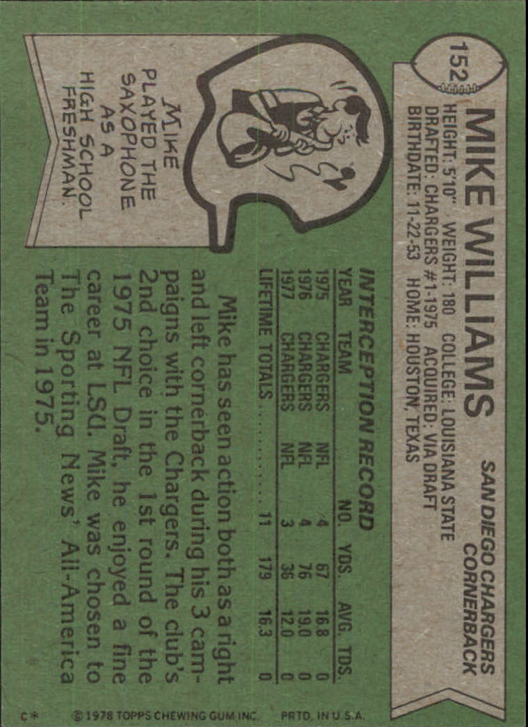 1978 Topps #152 Mike Williams RC back image