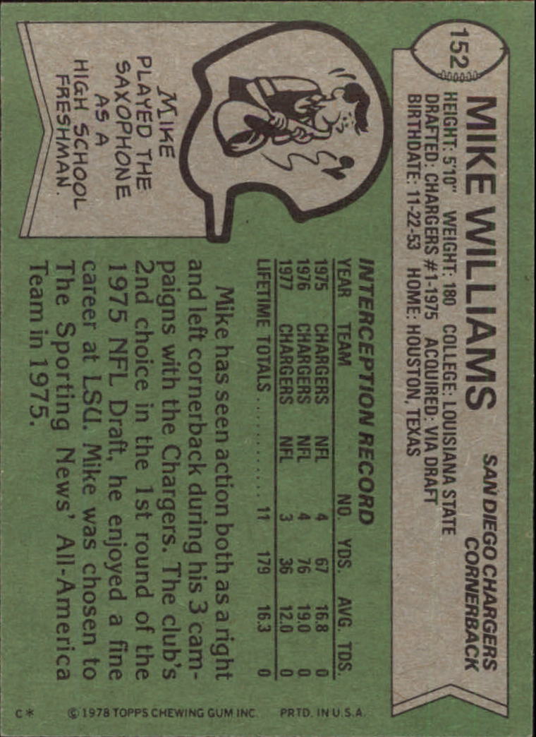 1978 Topps #152 Mike Williams RC back image