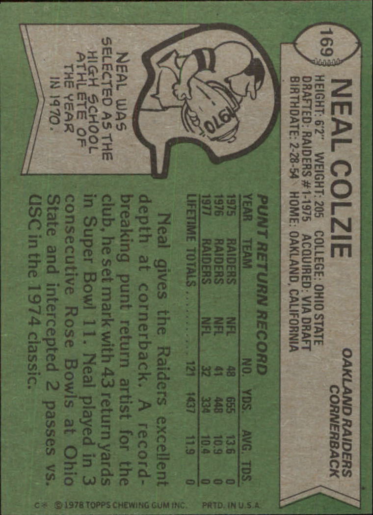 1978 Topps #169 Neal Colzie RC back image